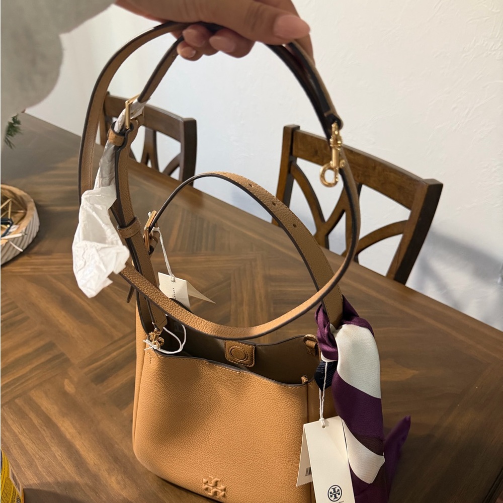 Tory Burch Brown Leather Shoulder Bag with Purple Scarf - Picture 8 of 8